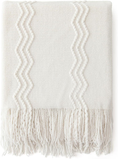 MIULEE Off White Knitted Throw Blanket for Couch Textured Knit Blanket with Tassels Cozy Woven Boho Bed Blanket for Sofa Bed Chair Acrylic Wave Pattern 50"x60"