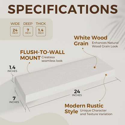 24 inch Floating Shelves Long Floating Shelves for Wall Large Wall Mounted Shelves with Invisible Brackets, White Shelves for Bathroom, Living Room, Kitchen, Office, 24x6.7 inch deep Set of 2