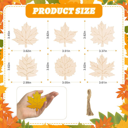 24 PCS Unfinished Wooden Fall Crafts, Maple Leaves Shaped Hanging Ornaments DIY Wood Craft Cutouts for Fall Home Decor (Leaves)