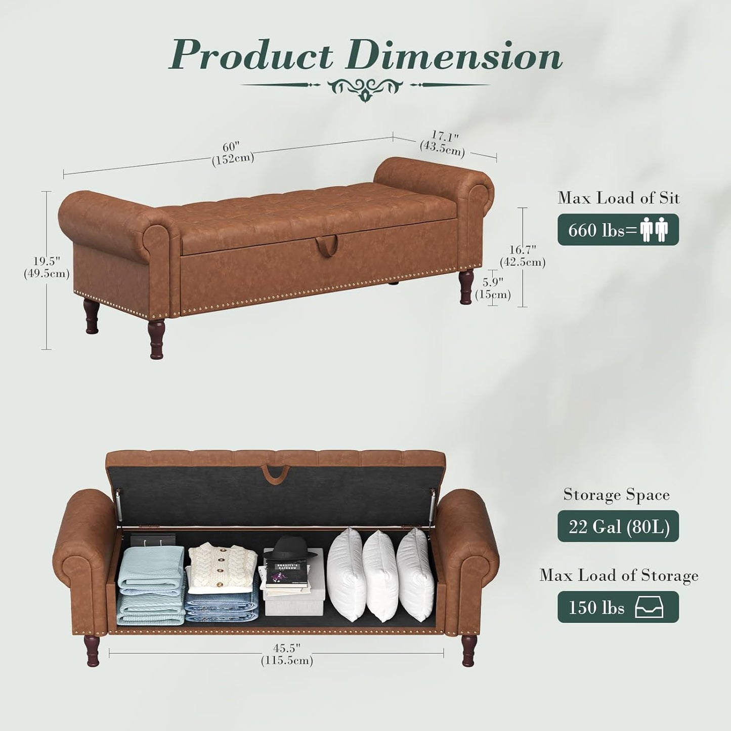 Apicizon 60”Ottoman with Storage, Queen Size End of Bed Storage Bench with Tufted Button, Upholstered Sitting Bench for Front Door Entrance,Bedroom,Dining Room, Entryway，Vintage Brown