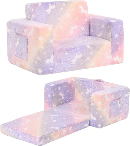 Toddler Chair Kids Couch, 2-in-1 Toddler Soft Sherpa Couch Fold Out Armchair with Removable Cover, Convertible Reading Chair Toddler Sofa for Kids, Glow in The Dark Purple Horse