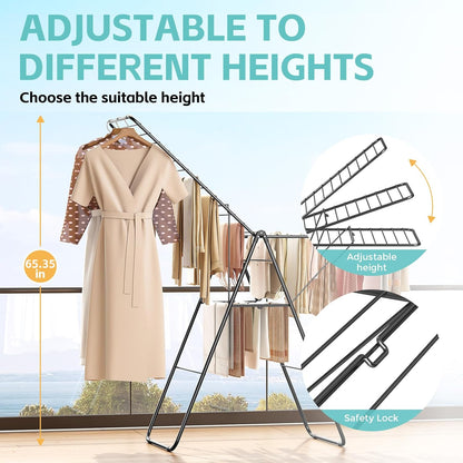 APEXCHASER Clothes Drying Rack, Oversized Drying Rack Clothing with Height-Adjustable, Foldable Gullwings Metal Laundry Rack, Indoor Outdoor Use, No Assembly, Black
