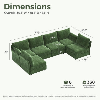 134.6" Oversized Modular Sectional Sofa, Large 6 Seater U Shaped Couch Deep Seat for Living Room, Apartment - Chenille Green