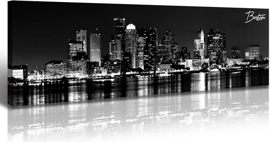 DJSYLIFE Boston Skyline Wall Art Canvas Wall Art Black and White Modern Panoramic Cityscape Pictures Paintings for Bedroom Office Decor, Ready to Hang 13.8"x47.3"