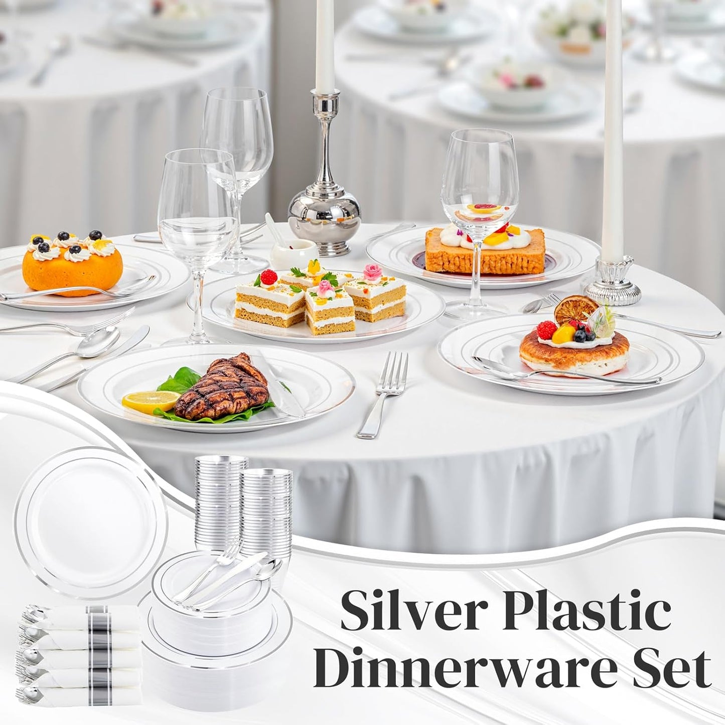 350Piece Silver Plastic Dinnerware Set for 50 Guests - Silver Plastic Plates with Cutlery Include:50Dinner Plates-50Dessert Plates-50Pre Rolled Napkins with Silverware
