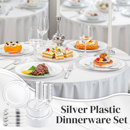 350Piece Silver Plastic Dinnerware Set for 50 Guests - Silver Plastic Plates with Cutlery Include:50Dinner Plates-50Dessert Plates-50Pre Rolled Napkins with Silverware