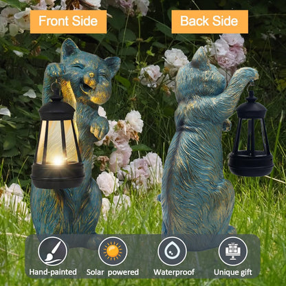 Garden Statues Cat with Solar Lantern Outdoor Bunny Figurines Decorations for Patio Yard Lawn Ornaments Gifts for Birthday Easter Housewarming Mother's Day