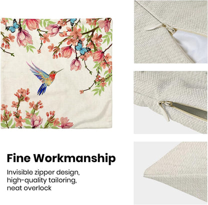 Hummingbird Flower Pillow Covers 20 x 20 Inch Set of 2 for Watercolor Floral and Birds Spring Blooming Decor Throw Pillows Nature Plant Outdoor Decorative Cushion Cases for Couch Bed Decoration