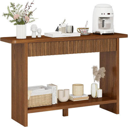 BECHAEO Mid Century Modern Console Table with Drawers, 51" Large 2-Tier Narrow Console Table with Storage Shelf, Sofa Station Behind The Couch, Accent Tables for Entryway, Hallway, Rustic Brown