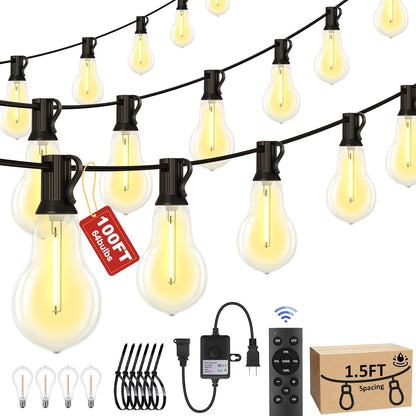 100FT Outdoor String Lights Waterproof with 64+4 Bulbs (1.5FT Bulbs Spacing), Remote & Dimmer, Commercial Patio String Lights with 3 Mode Light & Timing, 100PC Mounting Ties for Outside