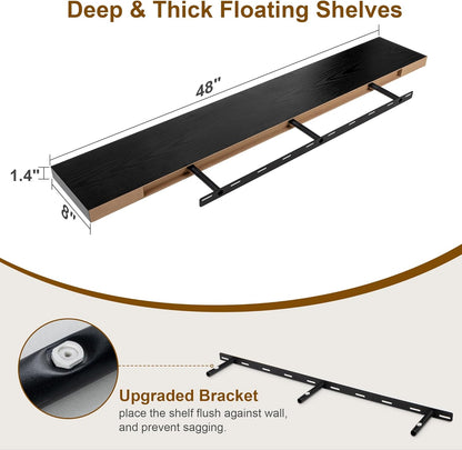 Black Floating Shelves 48 Inch Long, 8 Deep Floating Shelves for Wall, Rustic 48" Long Fireplace Mantel, Large 48 x 8 Wall Shelves for Bedroom, Living Room, Bathroom, Black Deep Shelves Set of 1