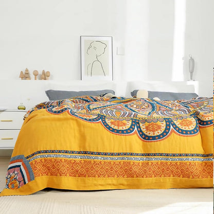 Snycler Boho 100% Cotton Throw Blanket, Decorative Muslin Boho Throw Blanket, Soft Cozy Colorful Bohemian Floral Reversible Blanket with Tassels for Chair Couch Bed Sofa Room Decor, 80x90 Inch