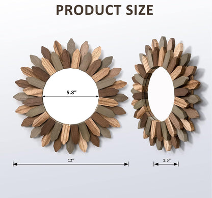 Honiway Boho Wall Decor 12 inch Decorative Mirror with Rustic Wood Sunburst Frame, Perfect for Bedroom, Living Room, Bathroom, Kitchen