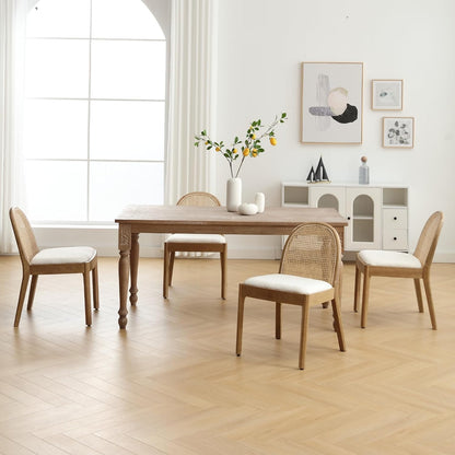 Mid Century Dining Chairs Set of 4, Accent Rattan Side Chairs Sherpa Fabric Kitchen Chair with Solid Wooden Legs for Living Room Dining Room, White