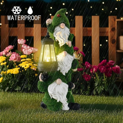 Solar Garden Three Gnome Statue Stacked Flocked with LED Light, Outdoor Waterproof Lawn Ornament Decor for Patio Lawn Yard Pathway Gift Idea for Women Mom Mothers Day