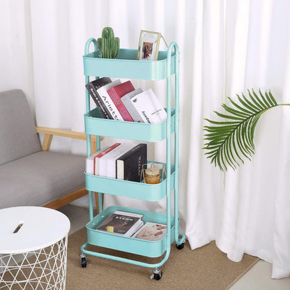 Melody House 4-Tier Metal Mesh Utility Rolling Cart Storage Organizer Shelf Rack with Lockable Wheels for Living Room Kitchen Office, Turquoise