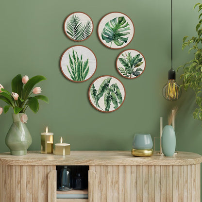 Qunclay 5 Pcs Wall Art Decor Wooden Living Room Wall Decor Bohemian Hanging Farmhouse Geometric 10'' and 8'' Aesthetic Wood Minimalist Posters for Bedroom(Leaves)