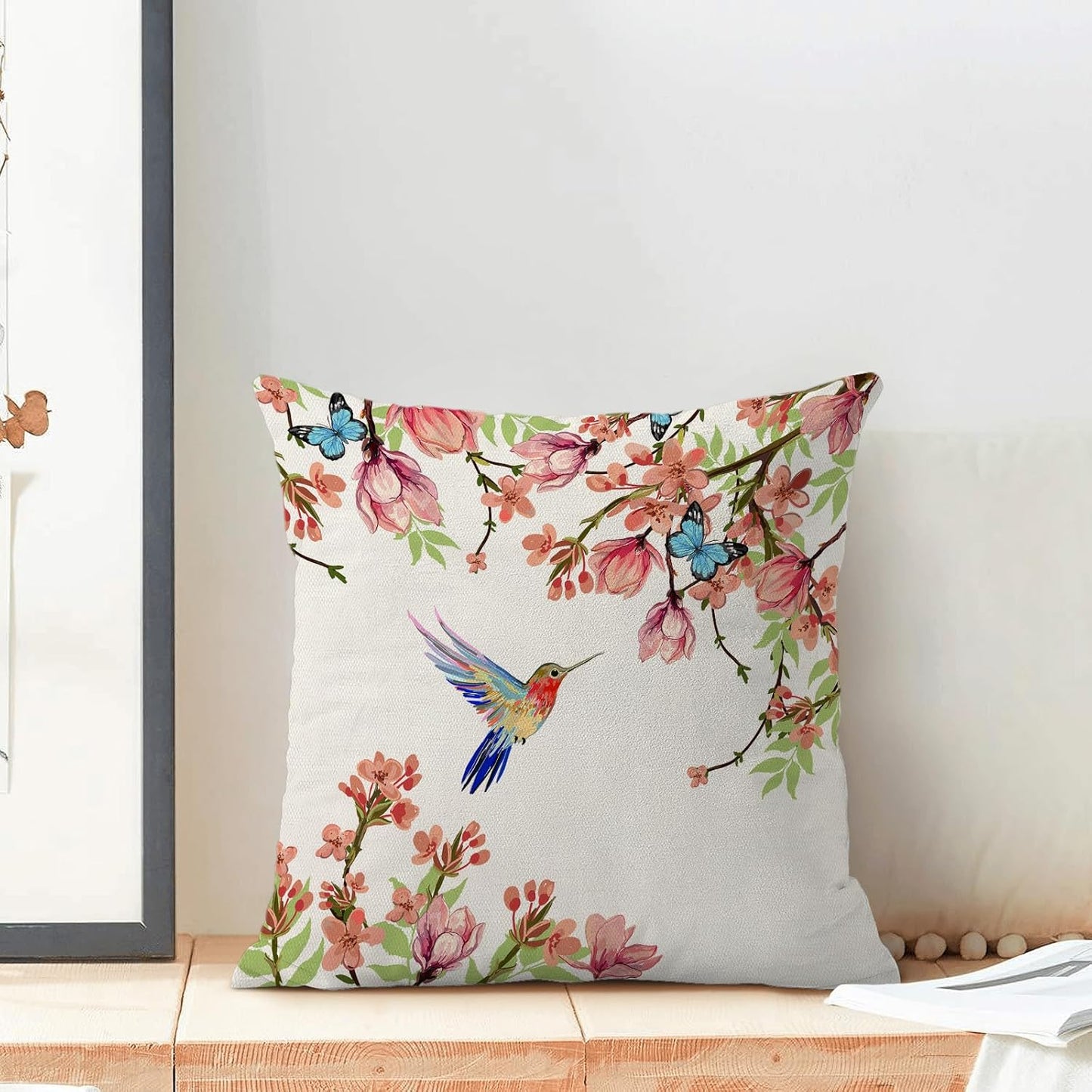 Hummingbird Flower Pillow Covers 20 x 20 Inch Set of 2 for Watercolor Floral and Birds Spring Blooming Decor Throw Pillows Nature Plant Outdoor Decorative Cushion Cases for Couch Bed Decoration