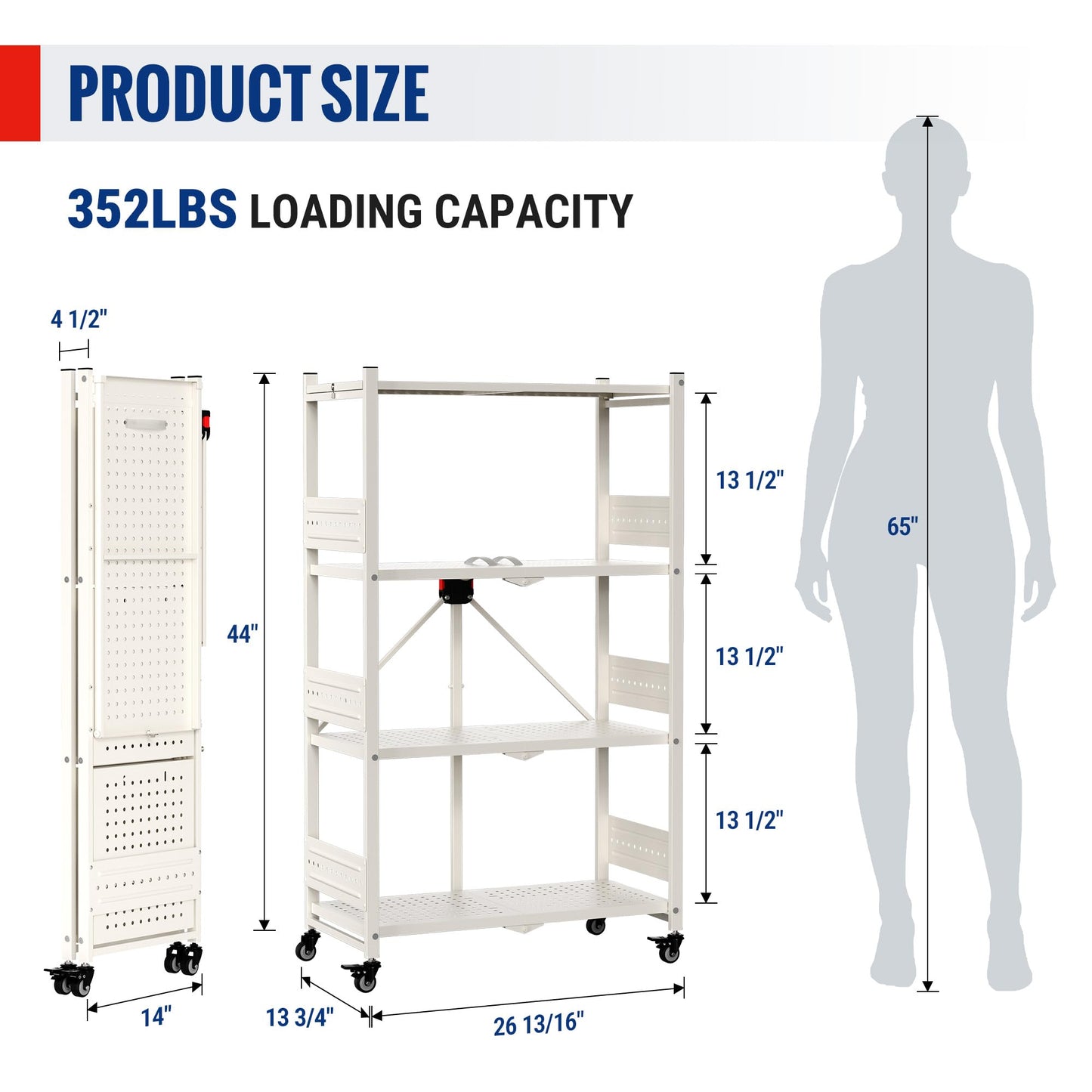 WORKPRO 4-Tier Folding Shelf, No-Assembly Metal Storage Rack with Wheels, 600 lbs Capacity (with