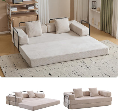 Convertible Sleeper Sofa Bed, Compression Folding Sofa with Pillow, No Assembly Required, Shape Frame, Floor Sofas Lounge Couch for Living Room, Bedroom, Small Spaces(Corduroy, 77''W, Off-white)