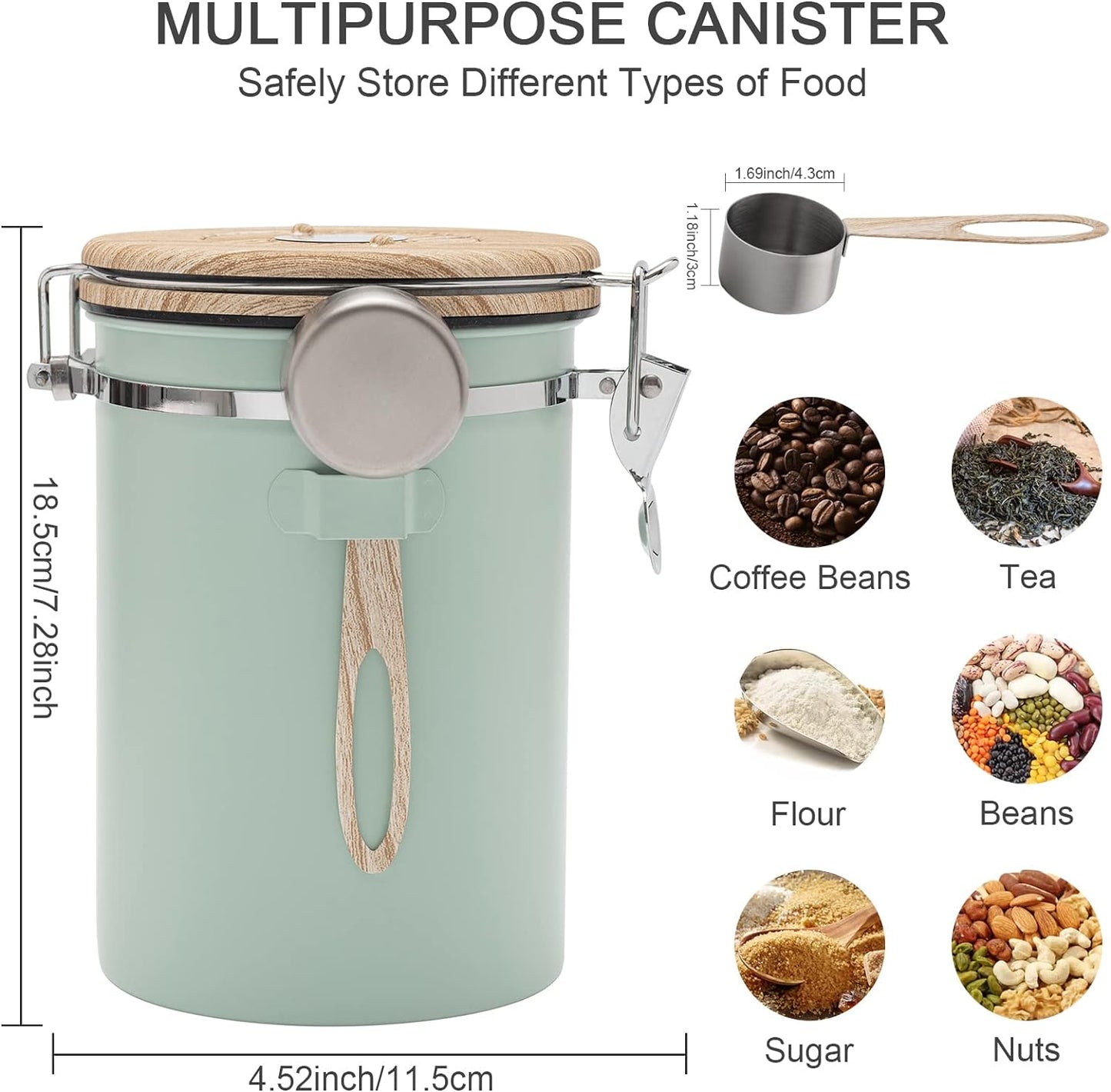 TEDSWAIT Coffee Canisters Airtight Coffee Bean Storage Container Kitchen Stainless Steel Food Storage Container with Scoop Date Tracker & CO2 Valve 61Fl Oz (Green)