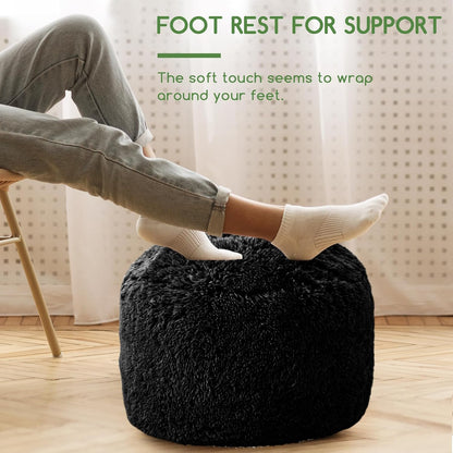 HIGOGOGO Round Stuffed Pouf Ottoman, Long Faux Fur Poufs with Foam Chunk Filling, Fluffy and Furry Pouf Foot Stool Storage Ottoman, 20 X 15 Floor Poufs Foot Rest for Living Room, Black