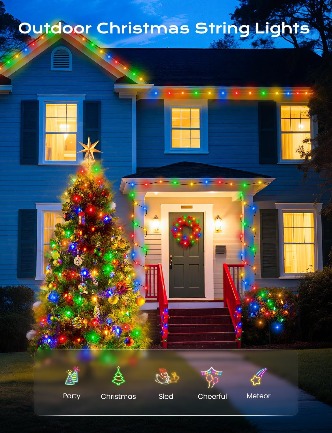 Brightown LED C6 Solar String Lights Outdoor Waterproof Fairy Lights, 22.64ft 50 LEDs Multicolor Solar Christmas Lights Outdoor, Christmas Decorations for Christmas Garden Yard Fence Patio Party Decor