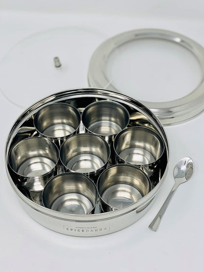 spice dabba Stainless Steel Indian Spice Box, Steel Masala Dabba, Double Lid Spice Container | Gift for Chefs | Size 8x8x2 In (Spice Box Only)