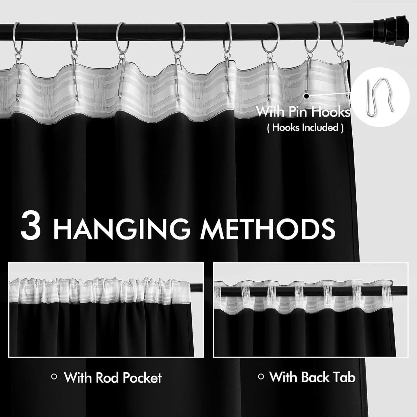 MIULEE Black Back Tab Blackout Curtains 96 Inch Length 2 Panels Set for Living Room Bedroom, Halloween Rod Pocket/Pinch Pleat Thermal Insulated Room Darkening Pleated Light Blocking Drapes, W66 x L96