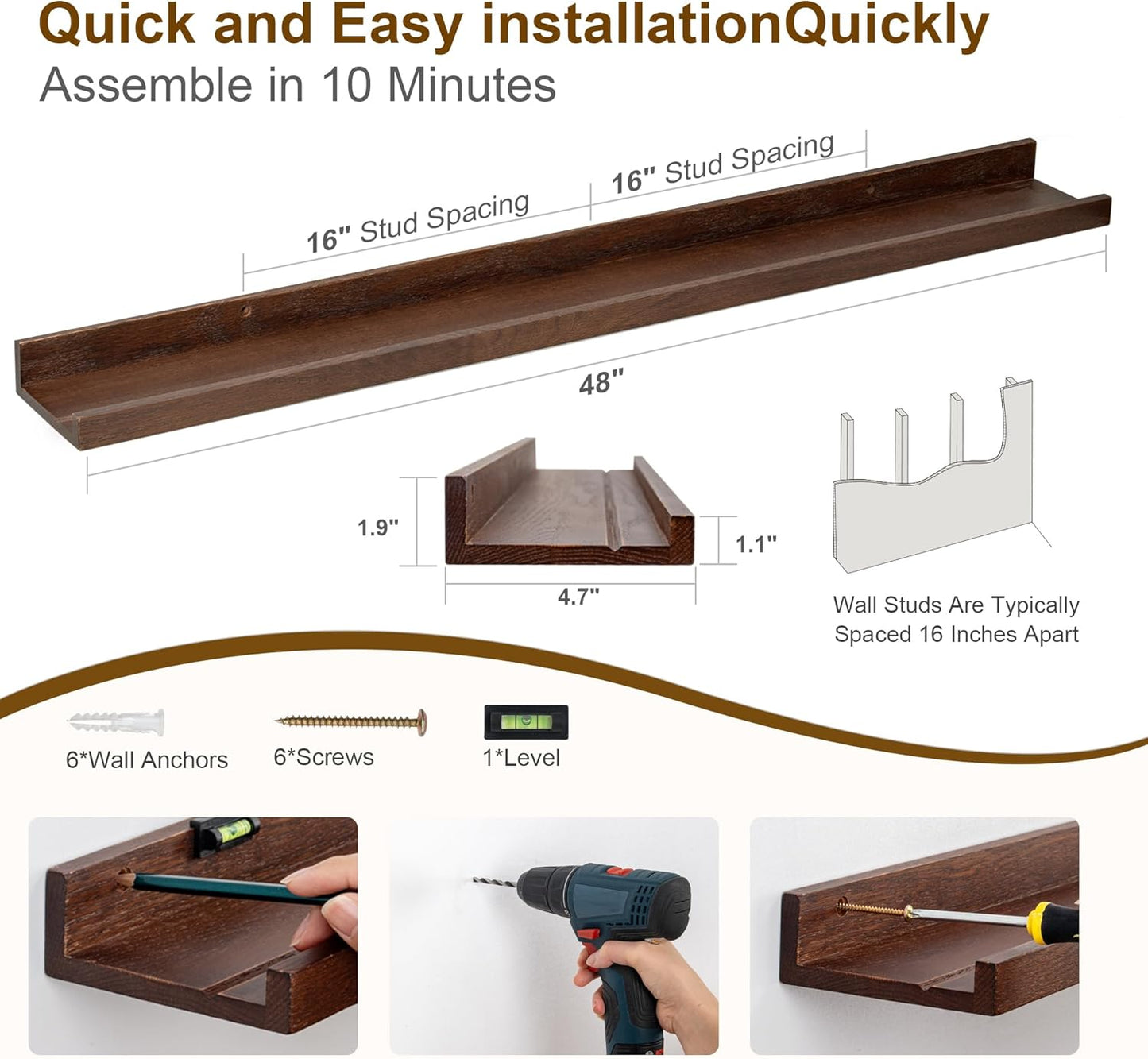 Floating Picture Ledge Shelves 48 Inch Solid Oak Wood Set of 2, Rustic Wall Storage Shelves with Lip, Kids Bookshelf, Photo & Picture Ledge Shelves for Bedroom, Living Room, Kitchen