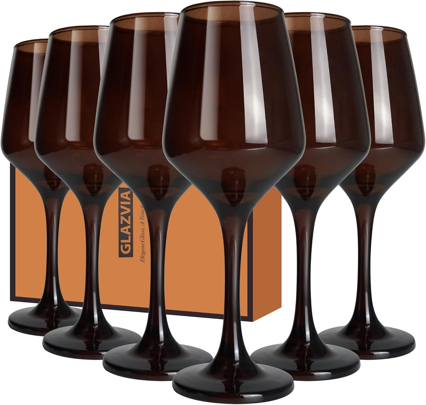 Brown Wine Glasses Set of 6-12oz Brown Long Stem Wine Glass Cups, Pretty Crystal Glassware, Hand Blown Goblets Drinkware, Unique Drinking Stemware Holiday Gift Set