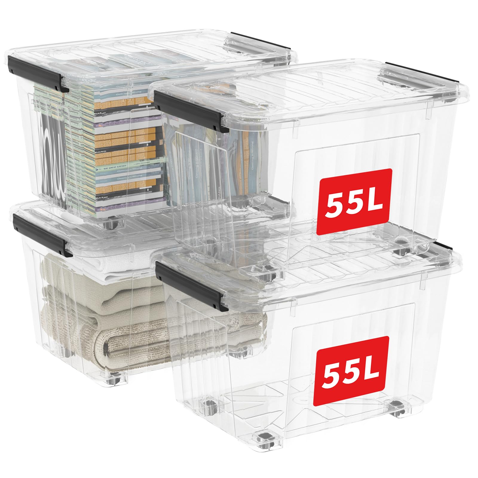 Cetomo 60Qt*4 Plastic Storage Bins, Storage Box, 4 Pack, Organizing Container with Wheels, Durable