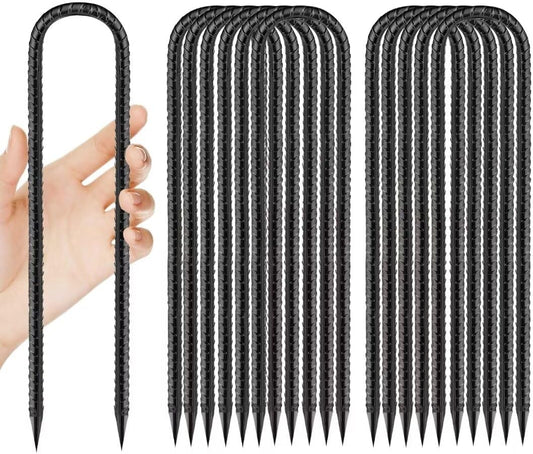 Rebar-Stakes-12-Inch, Ground Stakes Heavy Duty U-Hook Black Coated Anti-Rust Heavy Duty Ground