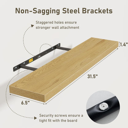 Fun Memories 32 Inch Floating Shelves Wall Shelf Set of 3, Rustic Farmhouse Home Decor Kitchen Living Room Shelves Wall Mounted, 32 x 6.7 x 1.4 Inch, Oak Color