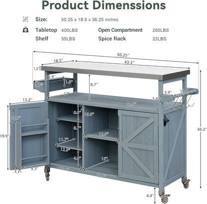 Outdoor Solid Wood Grill Table with Stainless Steel Top, Farmhouse Kitchen Island with Storage Cabinet, Outdoor Bar Cart with Internal Storage Rack, Spice & Towel Rack, Grey Blue