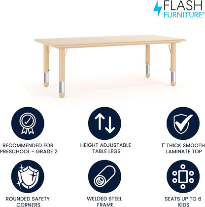 Flash Furniture Wren Adjustable Classroom Activity Table for School and Home, Plastic Activity Table for Kids, 23.625" W x 47.25" L, Natural