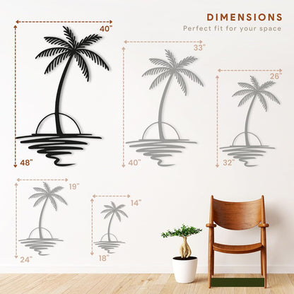 Metal Palm Tree with Sunset Wall Art, Large Outdoor Wall Decor, Tropical Beach Coastal Decor for Living Room, Bedroom, Garden Home Wall Sign, Perfect Metal Wall Art for Beach House, Coastal Theme, and Home Decoration (Gold, 48 x 40 inches)