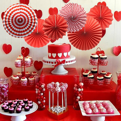 Party Hanging Paper Fans Set, Red Round Pattern Paper Garlands Decoration for Birthday Wedding Graduation Events Accessories, Set of 6