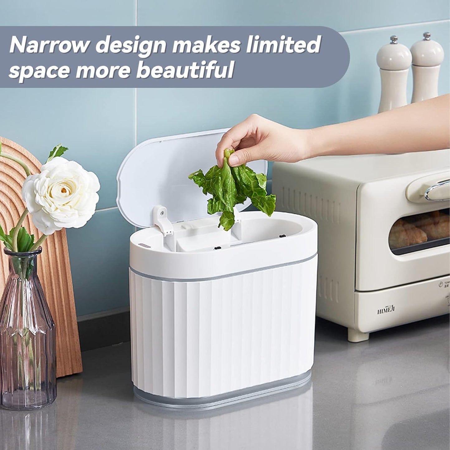 ELPHECO Mini Trash Can with Lid Small Desktop Trash Can with Lid, 5 Liter Automatic Garbage Bin, 1.3 Gallon Motion Sensor Countertop Waste Basket for Bedroom, Office, Bathroom, White with Grey Trim