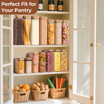 ComSaf 2.2 Qt Rectangle Glass Storage Containers with Lids, Glass Jars with Bamboo Lids, Clear Food Storage Jar, Tall Spaghetti Container, Pantry Storage Container for Pasta Flour Oats Nuts Rice