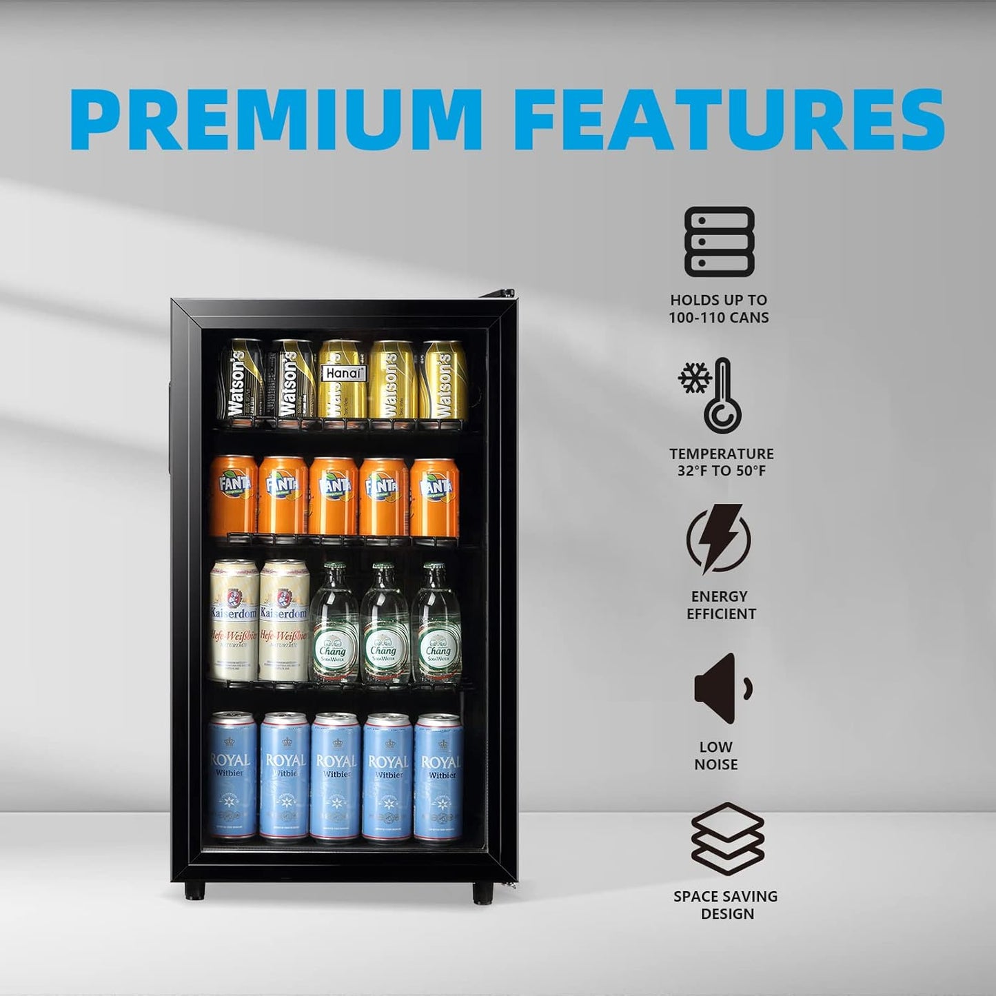 WANAI Mini Fridge Cooler 125Cans Beverage Refrigerator Glass Door Beverage Cooler for Beers Wine Juicer Adjustable Shelves LED Lights for Home, Office or Bar