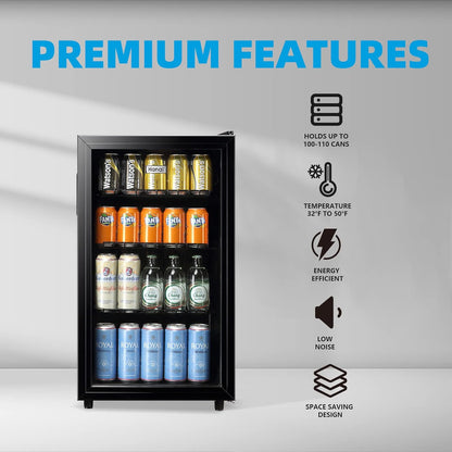 WANAI Mini Fridge Cooler 125Cans Beverage Refrigerator Glass Door Beverage Cooler for Beers Wine Juicer Adjustable Shelves LED Lights for Home, Office or Bar