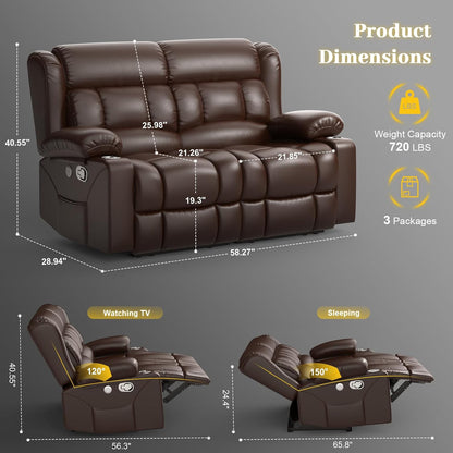 RV Loveseat Recliner Sofa, PU Leather RV Reclining Loveseat with USB Charge Ports, Cup Holders, 2 Seater Manual Pull Tab Recliner Sofa Couches for Living Room/RV, Brown