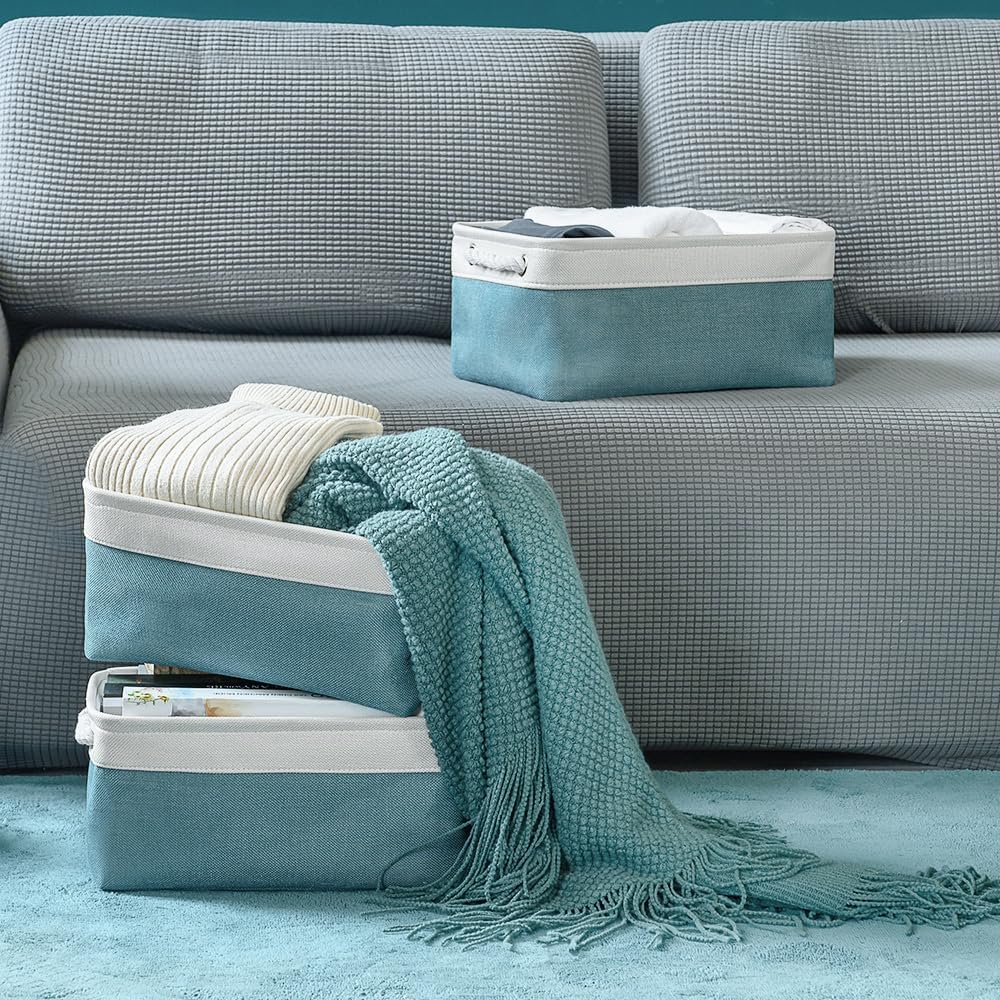 TheWarmHome Fabric Storage Bin with Handles,Storage Basket for Home Storage and Organization, Shelf Basket with Cover for Living Room Bedroom Closet（White & Green Medium 13.8L×9.8W×6.7H