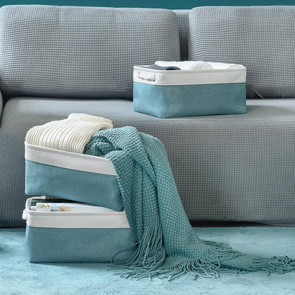 TheWarmHome Fabric Storage Bins Baskets for Organizing,Sturdy Storage Basket W/Handles, Decorative Foldable Storage Baskets for Shelves Closet Nursery Toy (White&Teal, Medium - 3 Pack)