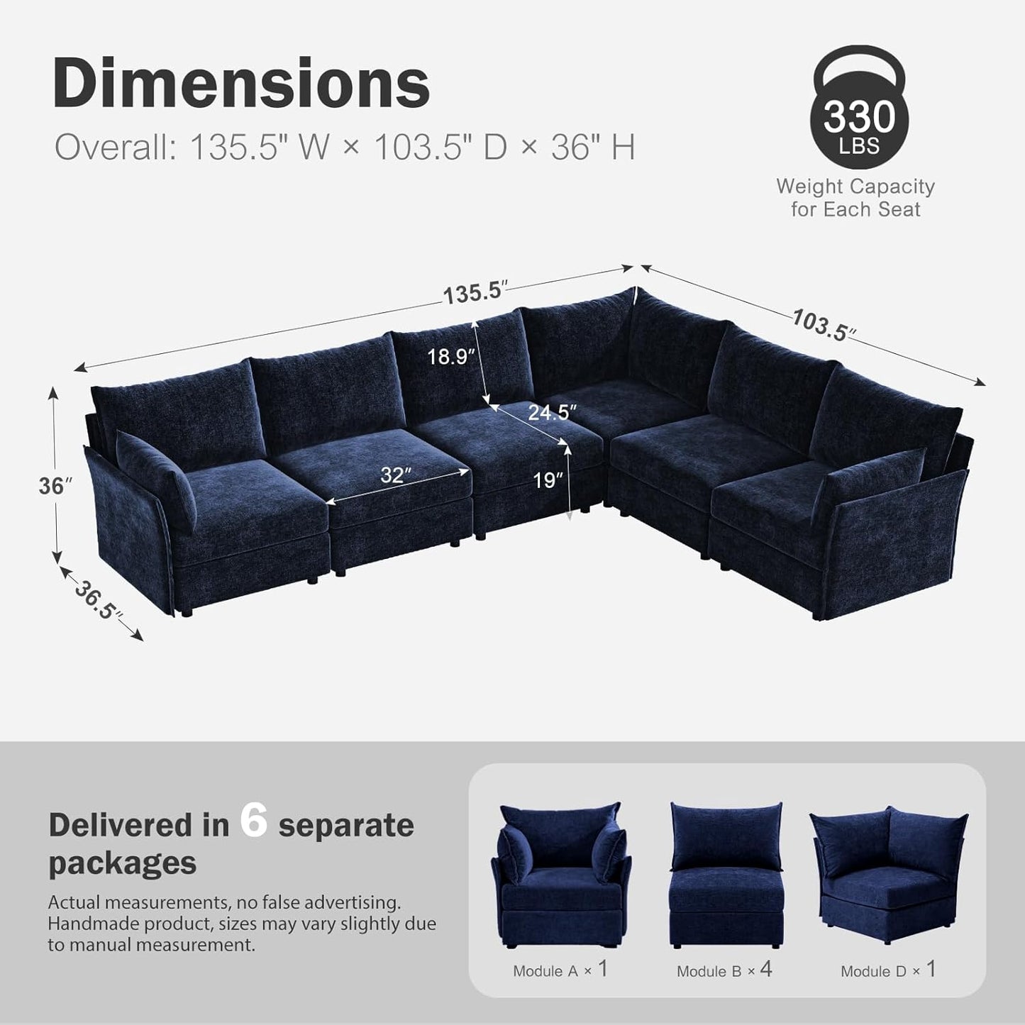 135.5" Oversized Modular Sectional Sofa, L Shaped Convertible Couch with Movable Ottoman, Large 6 Seat Corner Couches for Living Room Deep Seat Blue Chenille