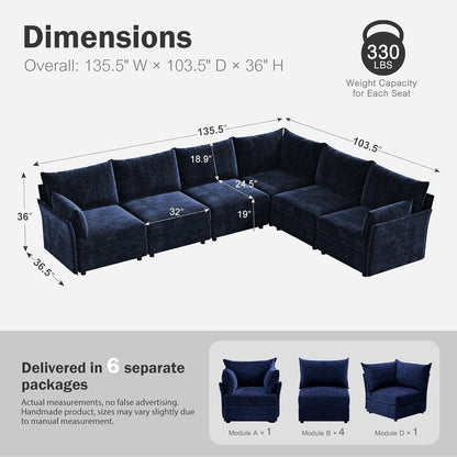 135.5" Oversized Modular Sectional Sofa, L Shaped Convertible Couch with Movable Ottoman, Large 6 Seat Corner Couches for Living Room Deep Seat Blue Chenille