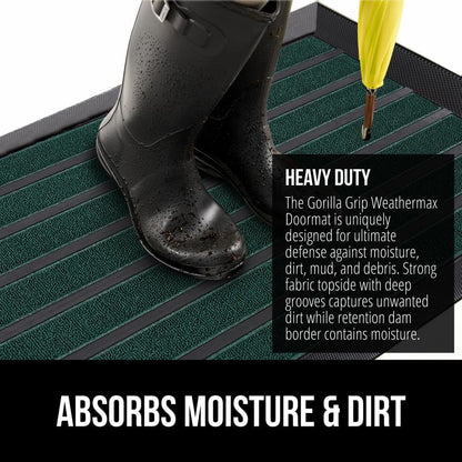 GORILLA GRIP 100% Waterproof All-Season WeatherMax Doormat US Designed Natural Rubber, Stain and Fade Resistant, Low Profile Indoor Outdoor Door Mats, Easy Clean Patio Mat, 23x35, Green Stripe