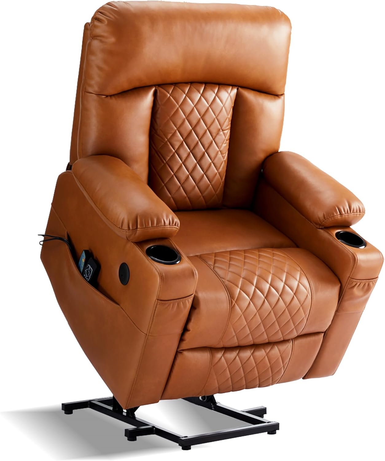 Dual Motor Power Lift Recliner Chairs with Heat and Massage for Elderly, Leather Recliners with Extented Footrest,Infinite Position Lift Chair with Cupholder,USB & Type C Ports(Light Brown)