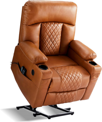 Dual Motor Power Lift Recliner Chairs with Heat and Massage for Elderly, Leather Recliners with Extented Footrest,Infinite Position Lift Chair with Cupholder,USB & Type C Ports(Light Brown)